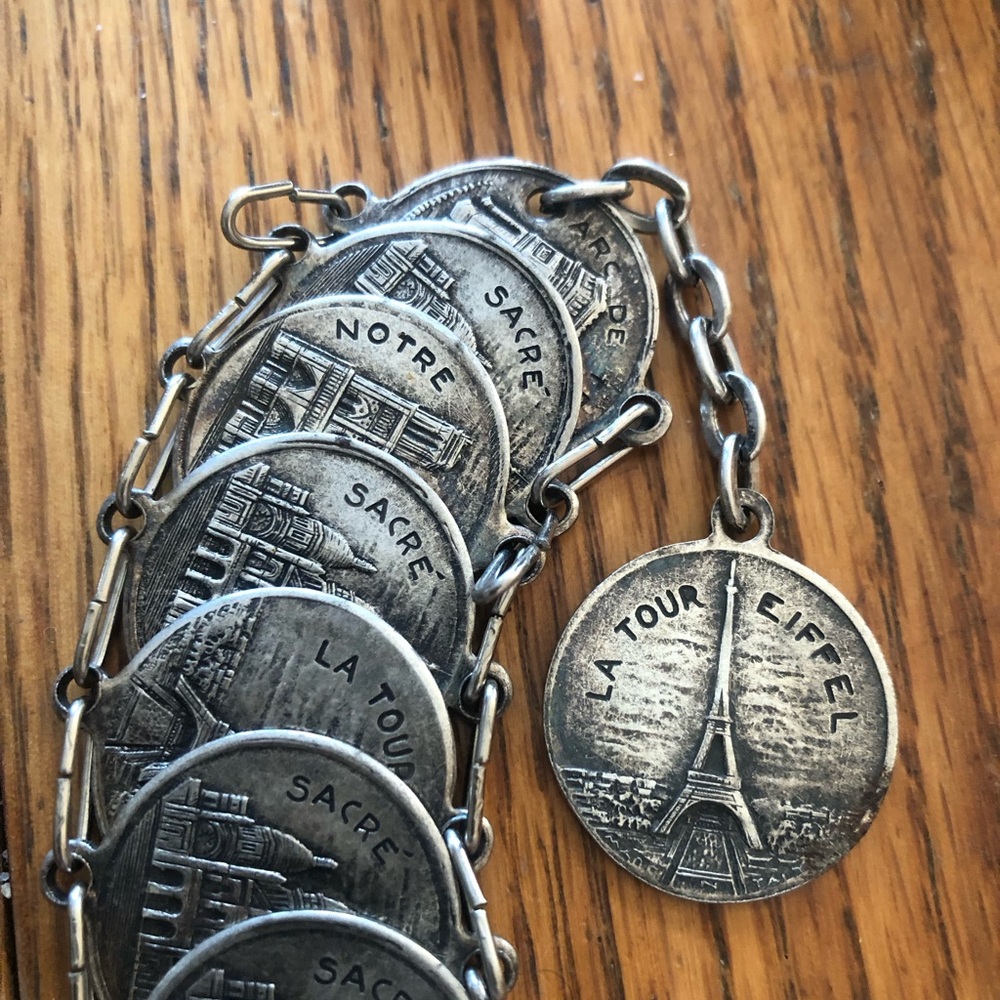 VINTAGE LA TOUR EIFFEL PARIS SILVER COIN CHARM BRACELET 7”-8”